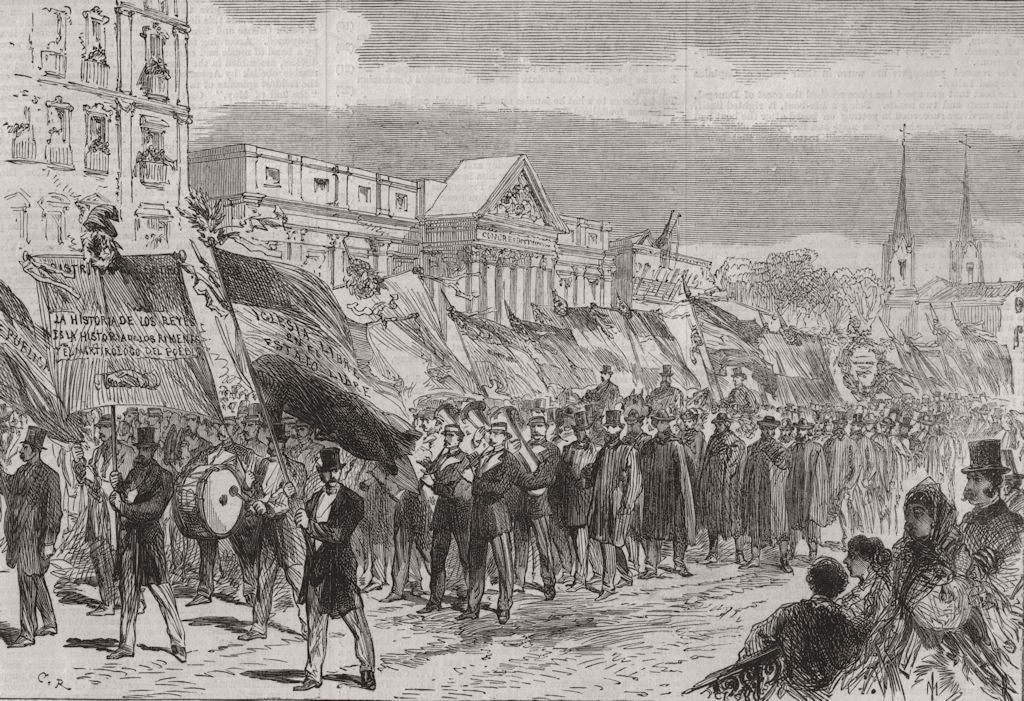 MADRID.Republican demo. Procession at Hall of Congress, Rue de St Geronimo 1868
